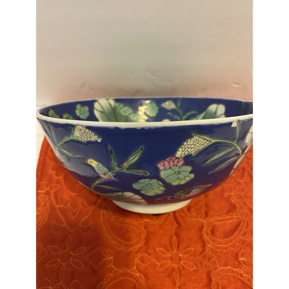 Chinese Bowl Blue Lily Pad Mandarin Birds Floral Pattern Porcelain~VINTAGE~1950s